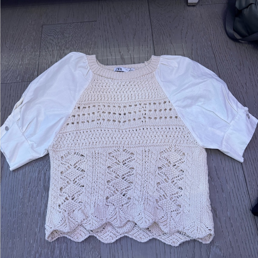 Zara Cream Knit Blouse with Crochet Detail